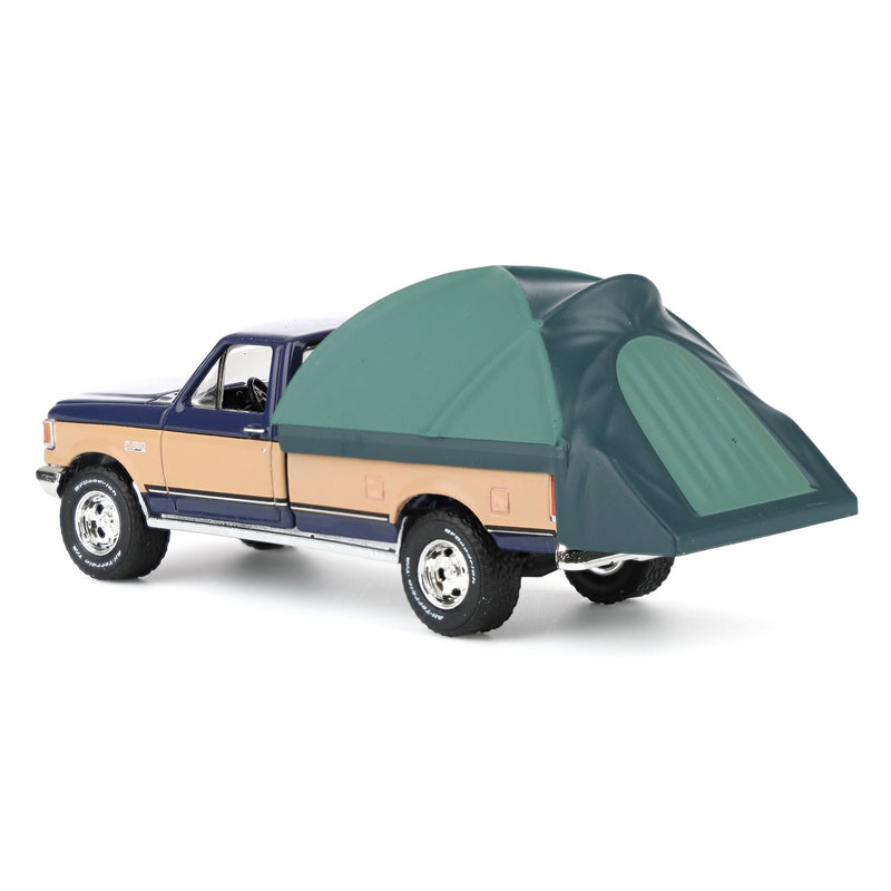 1/64 1987 Ford F-150 XLT Lariat, Dark Blue & Tan with Modern Truck Bed Tent, The Great Outdoors Series 4