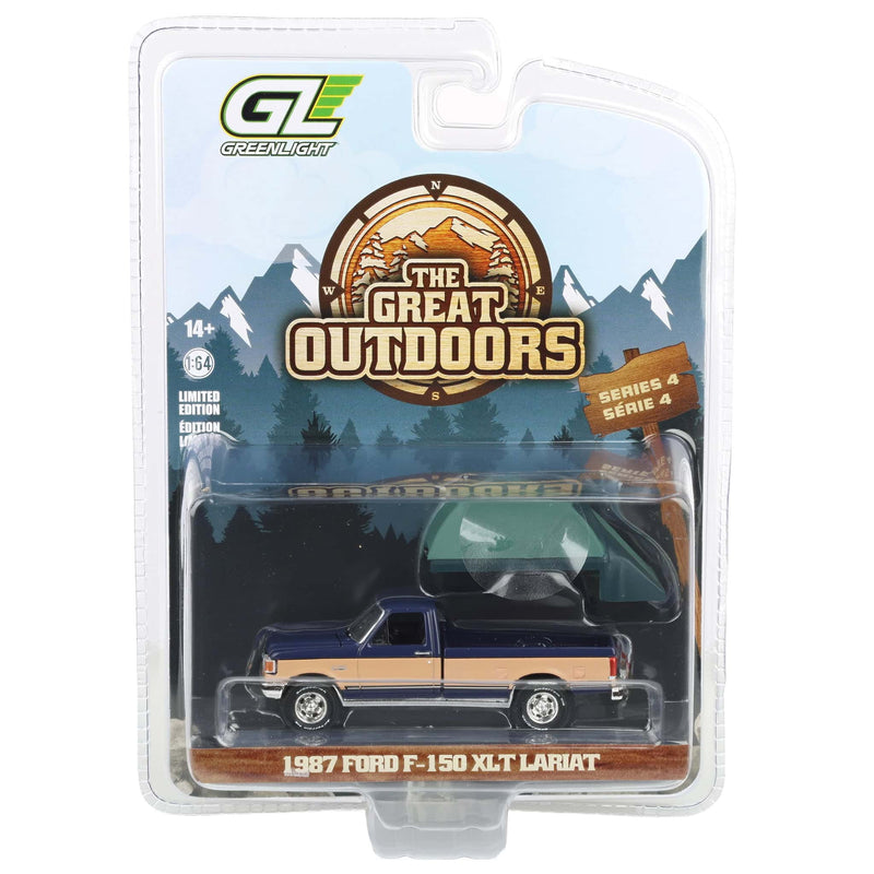 1/64 1987 Ford F-150 XLT Lariat, Dark Blue & Tan with Modern Truck Bed Tent, The Great Outdoors Series 4