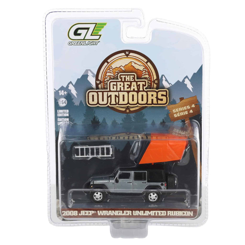 Raw Chase Unit ~ 1/64 2008 Jeep Wrangler Unlimited Rubicon, Dark Charcoal with Modern Rooftop Camper, The Great Outdoors Series 4