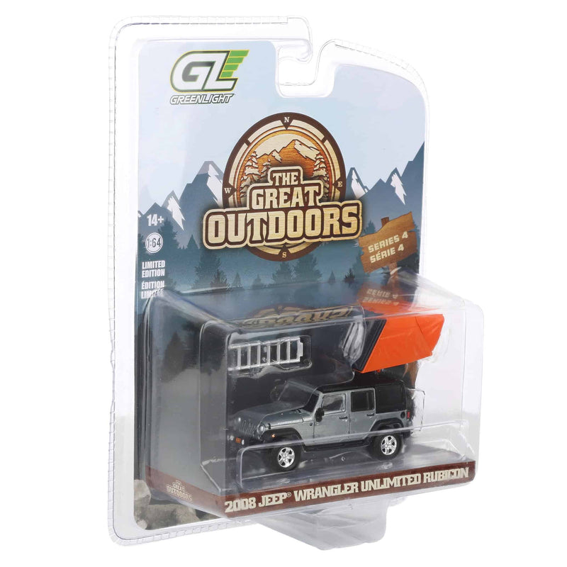 Raw Chase Unit ~ 1/64 2008 Jeep Wrangler Unlimited Rubicon, Dark Charcoal with Modern Rooftop Camper, The Great Outdoors Series 4
