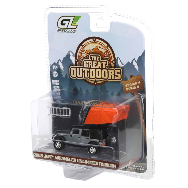Raw Chase Unit ~ 1/64 2008 Jeep Wrangler Unlimited Rubicon, Dark Charcoal with Modern Rooftop Camper, The Great Outdoors Series 4