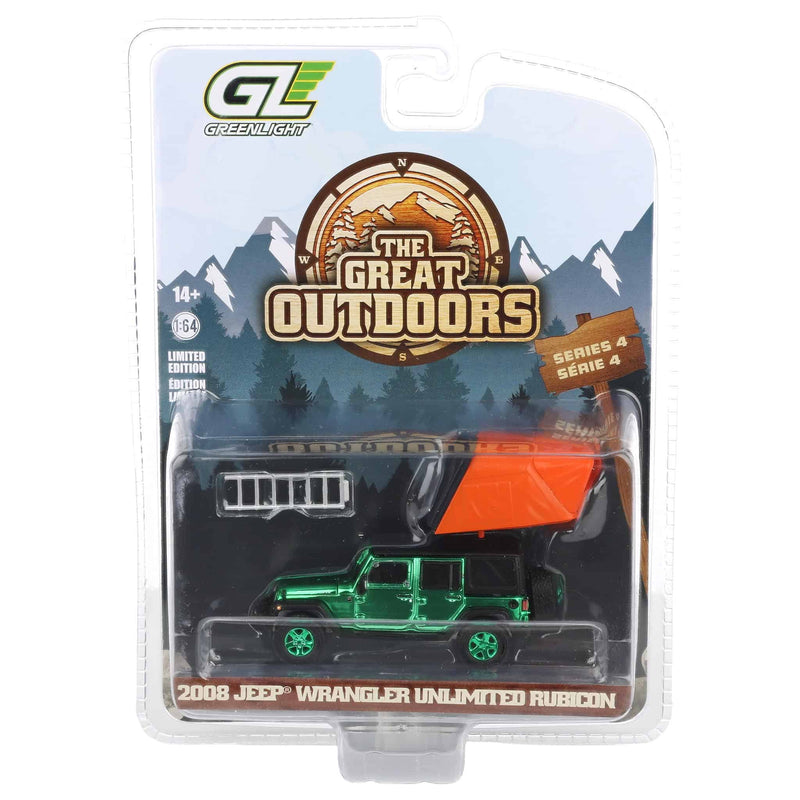Green Chrome Super Chase Unit ~ 1/64 2008 Jeep Wrangler Unlimited Rubicon, Dark Charcoal with Modern Rooftop Camper, The Great Outdoors Series 4
