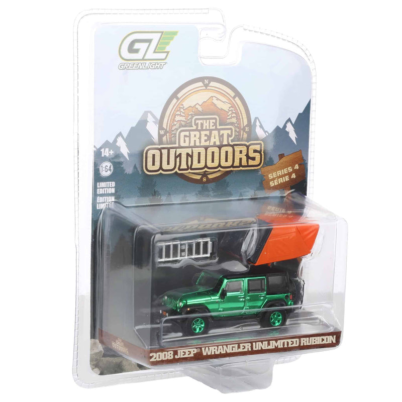 Green Chrome Super Chase Unit ~ 1/64 2008 Jeep Wrangler Unlimited Rubicon, Dark Charcoal with Modern Rooftop Camper, The Great Outdoors Series 4