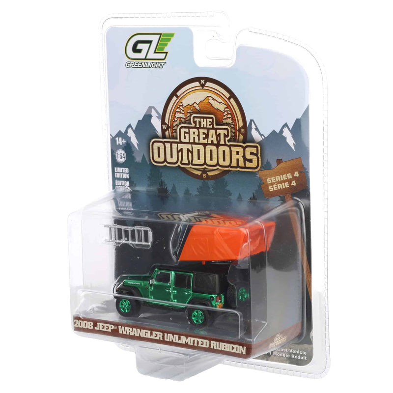 Green Chrome Super Chase Unit ~ 1/64 2008 Jeep Wrangler Unlimited Rubicon, Dark Charcoal with Modern Rooftop Camper, The Great Outdoors Series 4