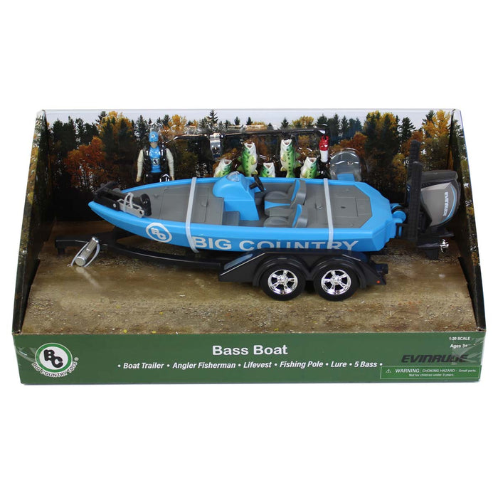 (B&D) 1/20 Professional Bass Boat with Angler, Fish, Fishing Pole, and Boat Trailer by Big Country Toys - Damaged Item