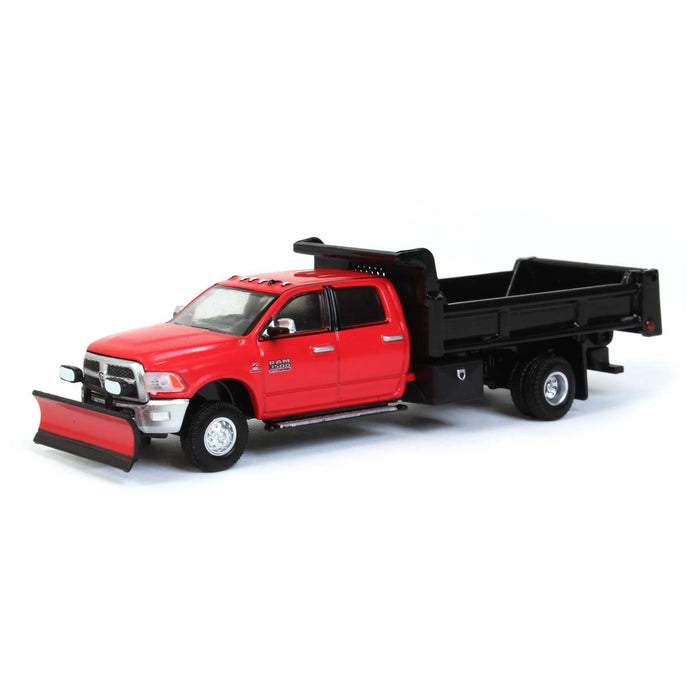 1/64 2018 Ram 3500 Dually, Red with Black Dump Bed Plow, Outback