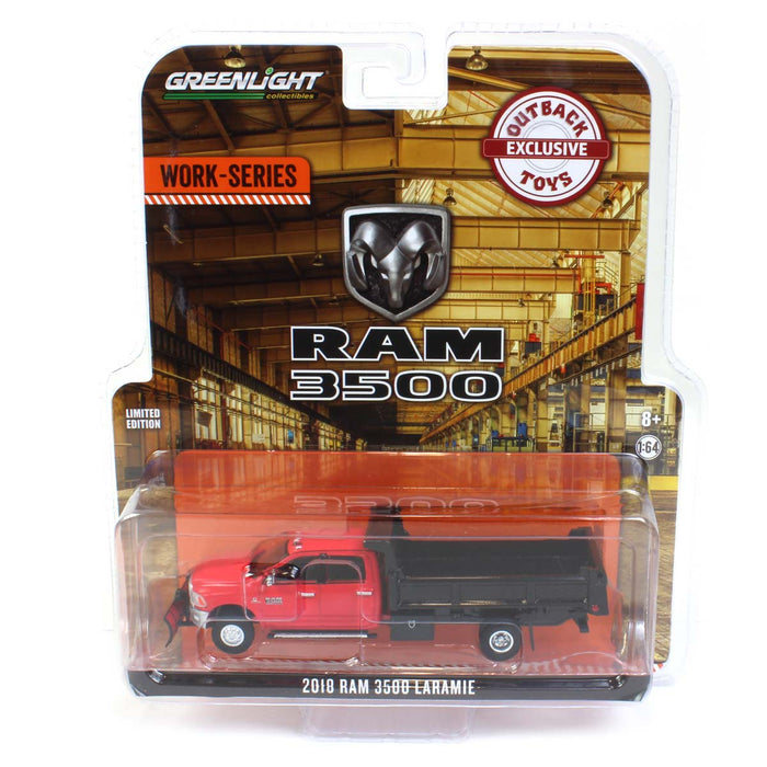 1/64 2018 Ram 3500 Dually, Red with Black Dump Bed & Plow, Outback Toys Exclusive
