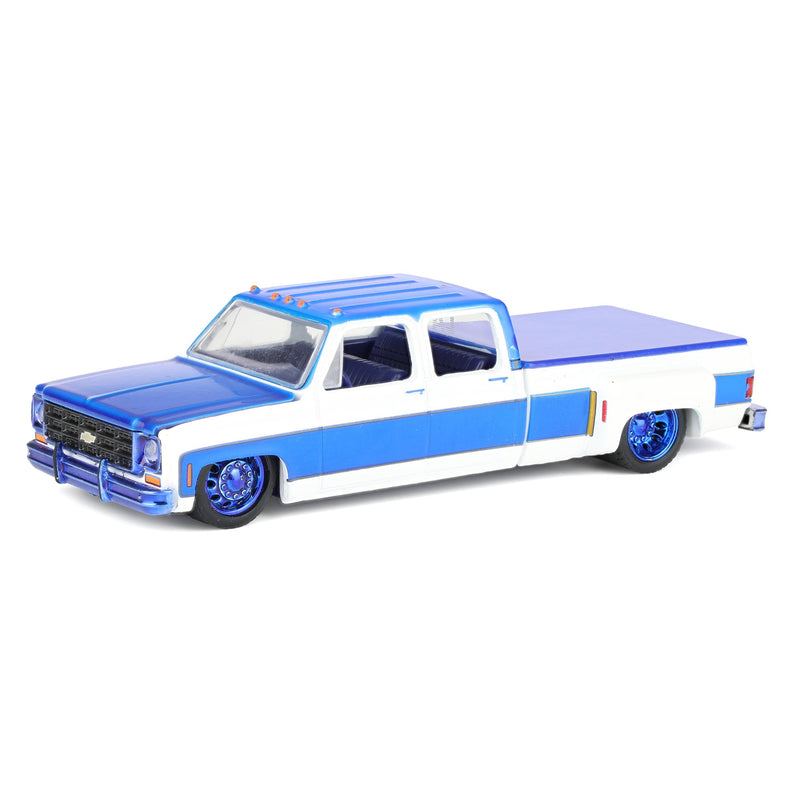 Blue Chrome Chase Unit ~ 1/64 1977 Chevy Cheyenne Super30 Custom LA Pickup Truck, White with Custom Blue Stripes, M2 Machines