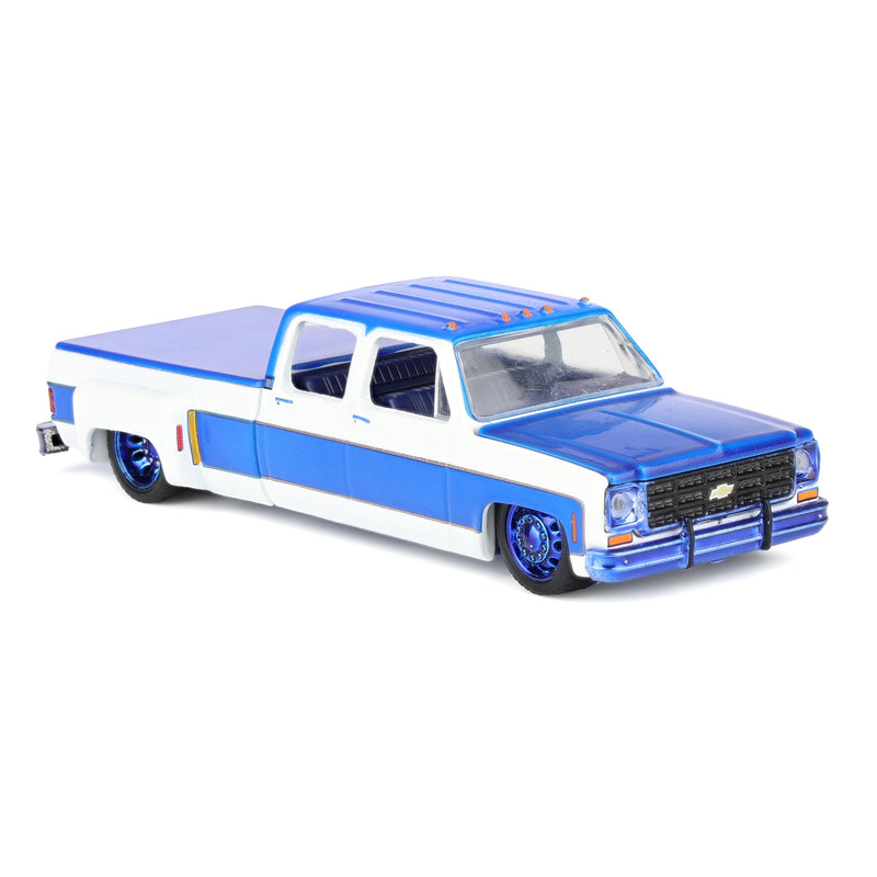 Blue Chrome Chase Unit ~ 1/64 1977 Chevy Cheyenne Super30 Custom LA Pickup Truck, White with Custom Blue Stripes, M2 Machines