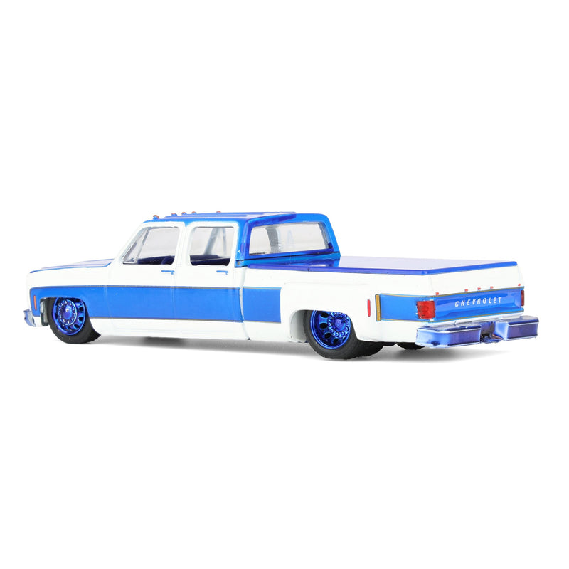 Blue Chrome Chase Unit ~ 1/64 1977 Chevy Cheyenne Super30 Custom LA Pickup Truck, White with Custom Blue Stripes, M2 Machines