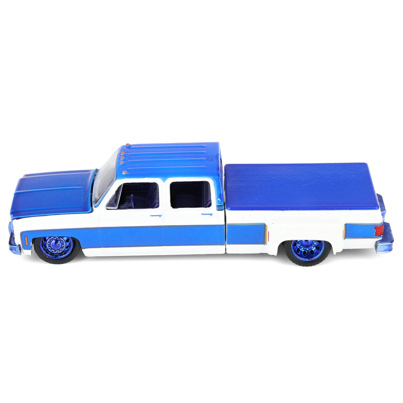 Blue Chrome Chase Unit ~ 1/64 1977 Chevy Cheyenne Super30 Custom LA Pickup Truck, White with Custom Blue Stripes, M2 Machines