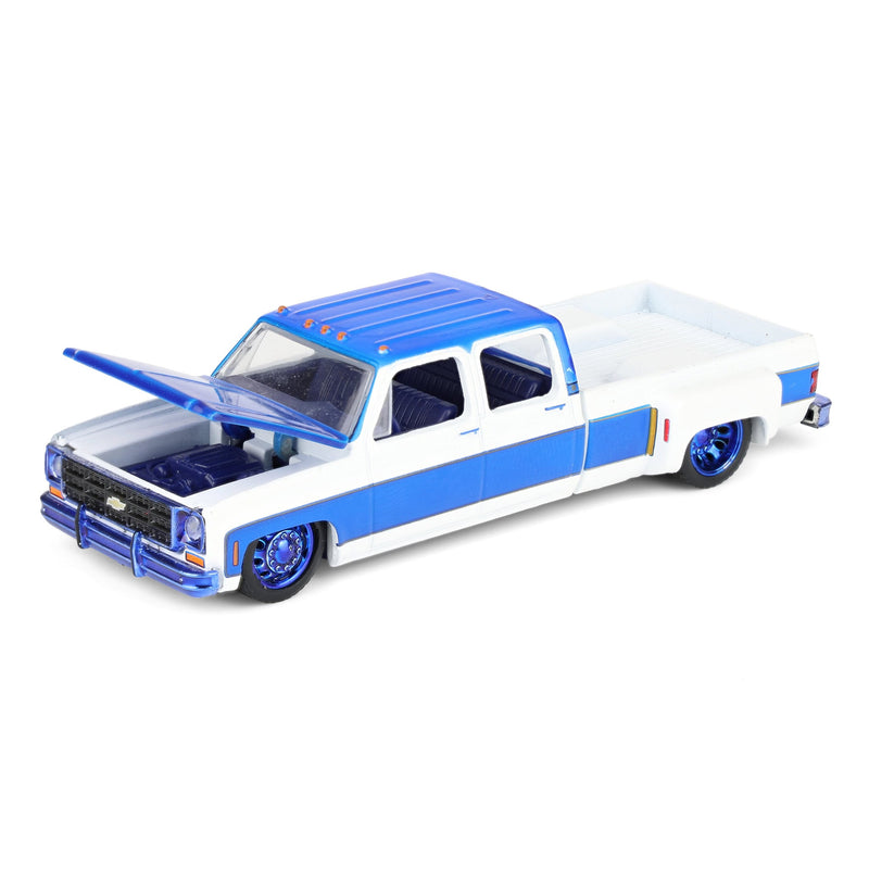 Blue Chrome Chase Unit ~ 1/64 1977 Chevy Cheyenne Super30 Custom LA Pickup Truck, White with Custom Blue Stripes, M2 Machines