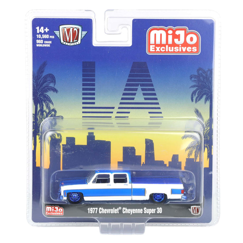 Blue Chrome Chase Unit ~ 1/64 1977 Chevy Cheyenne Super30 Custom LA Pickup Truck, White with Custom Blue Stripes, M2 Machines