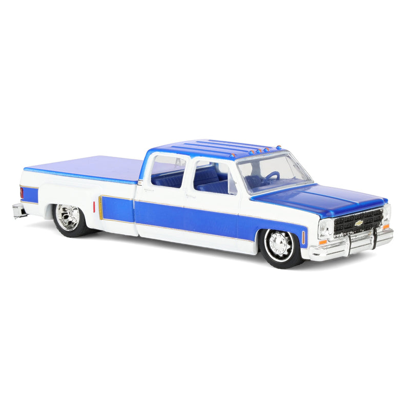 1/64 1977 Chevy Cheyenne Super30 Custom LA Pickup Truck, White with Custom Blue Stripes, M2 Machines