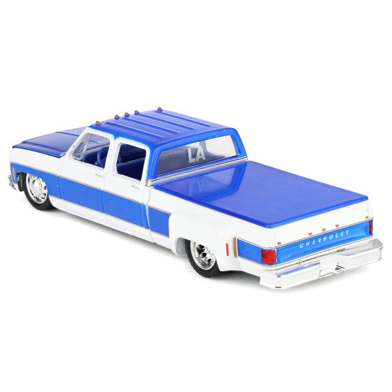 1/64 1977 Chevy Cheyenne Super30 Custom LA Pickup Truck, White with Custom Blue Stripes, M2 Machines