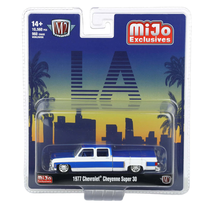 1/64 1977 Chevy Cheyenne Super30 Custom LA Pickup Truck, White with Custom Blue Stripes, M2 Machines