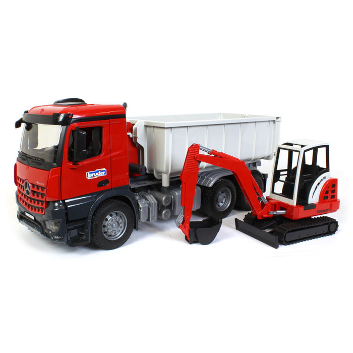 (B&D) 1/16 Bruder MB Arocs Truck with Roll Off Container and Mini Excavator - Damaged Item