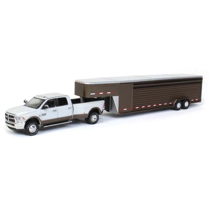 1/64 2018 Ram 3500, White/Walnut Brown with Brown Gooseneck Livestock Trailer