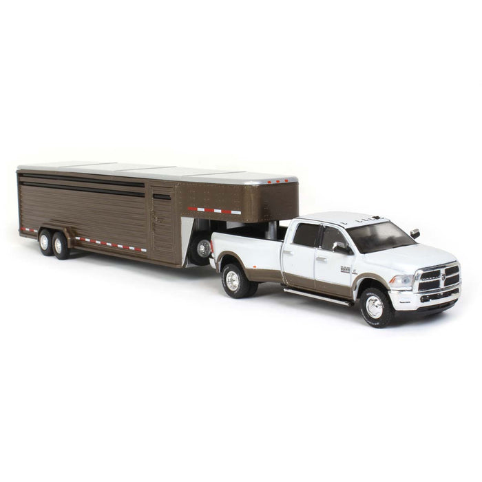 1/64 2018 Ram 3500, White/Walnut Brown with Brown Gooseneck Livestock Trailer