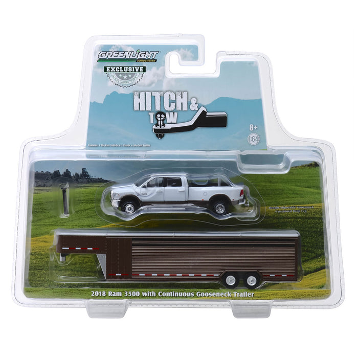 1/64 2018 Ram 3500, White/Walnut Brown with Brown Gooseneck Livestock Trailer