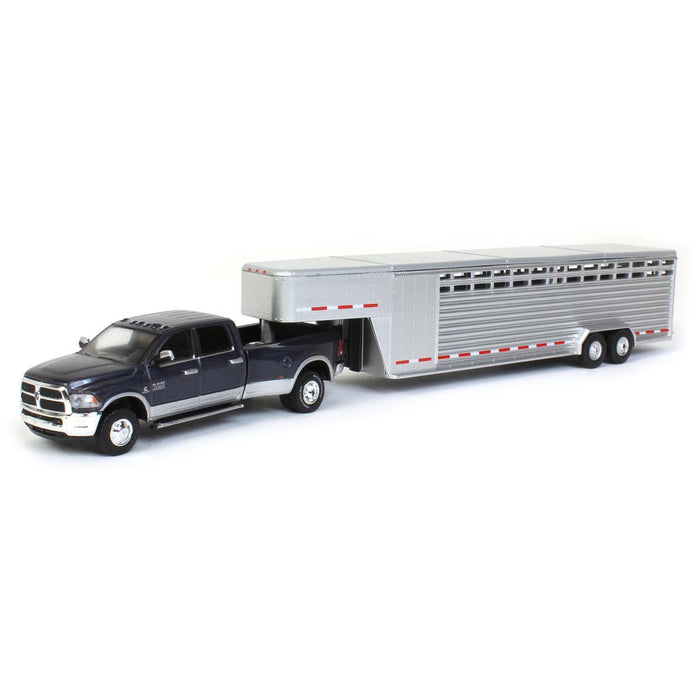 1/64 2018 Ram 3500, Steel Metallic with Silver Gooseneck Livestock Trailer