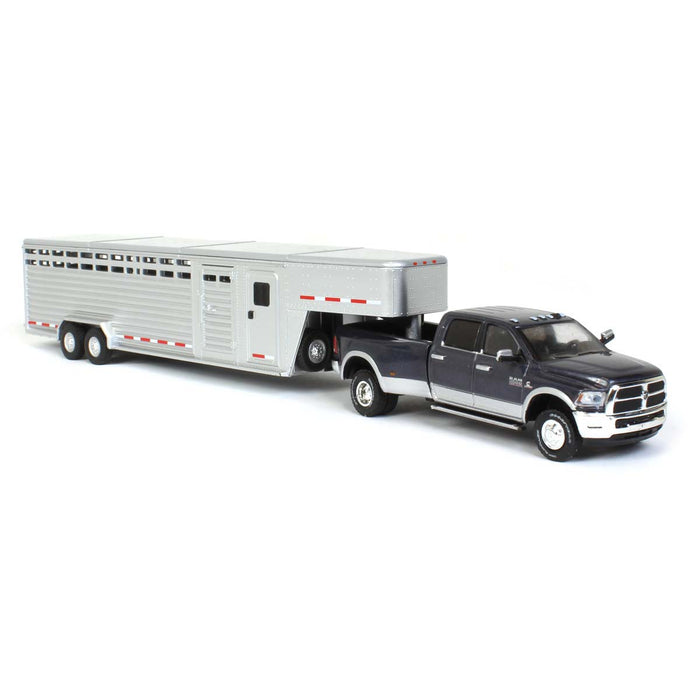 1/64 2018 Ram 3500, Steel Metallic with Silver Gooseneck Livestock Trailer