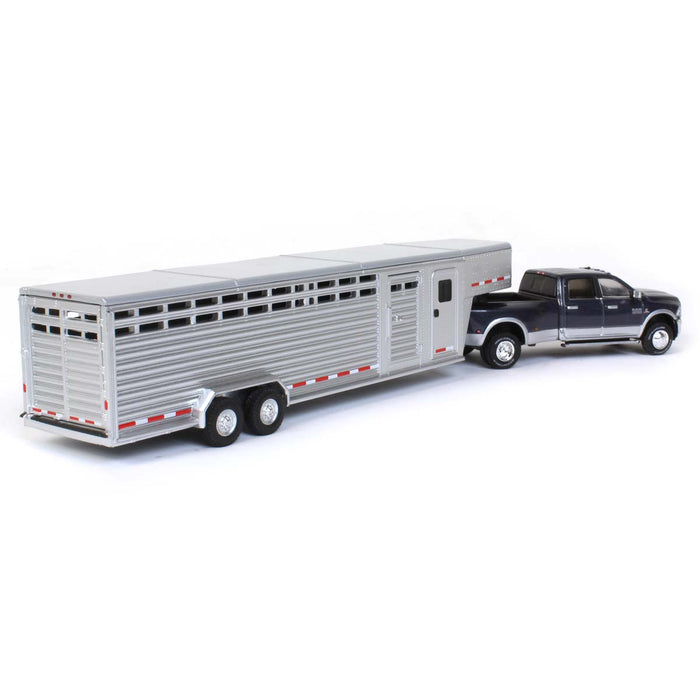 1/64 2018 Ram 3500, Steel Metallic with Silver Gooseneck Livestock Trailer