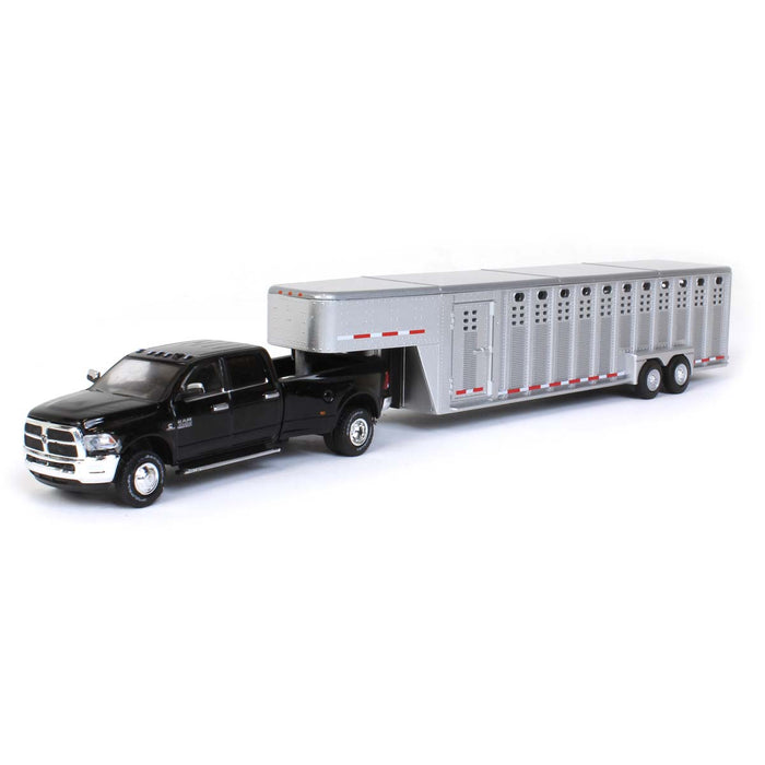 1/64 2018 Ram 3500, Black with Polished Aluminum 3 Hole Gooseneck Livestock Trailer