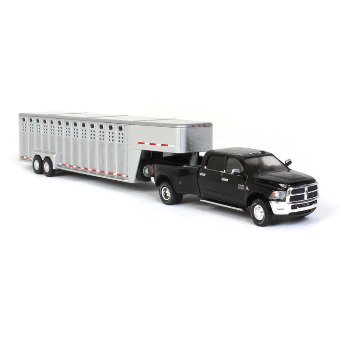 1/64 2018 Ram 3500, Black with Polished Aluminum 3 Hole Gooseneck Livestock Trailer