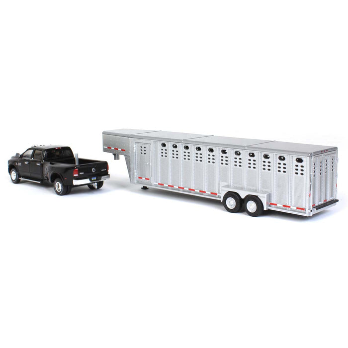 1/64 2018 Ram 3500, Black with Polished Aluminum 3 Hole Gooseneck Livestock Trailer