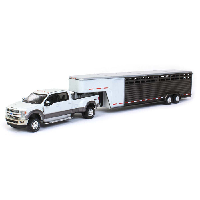 1/64 2019 Ford F-350, White Platinum with Gray Gooseneck Livestock Trailer