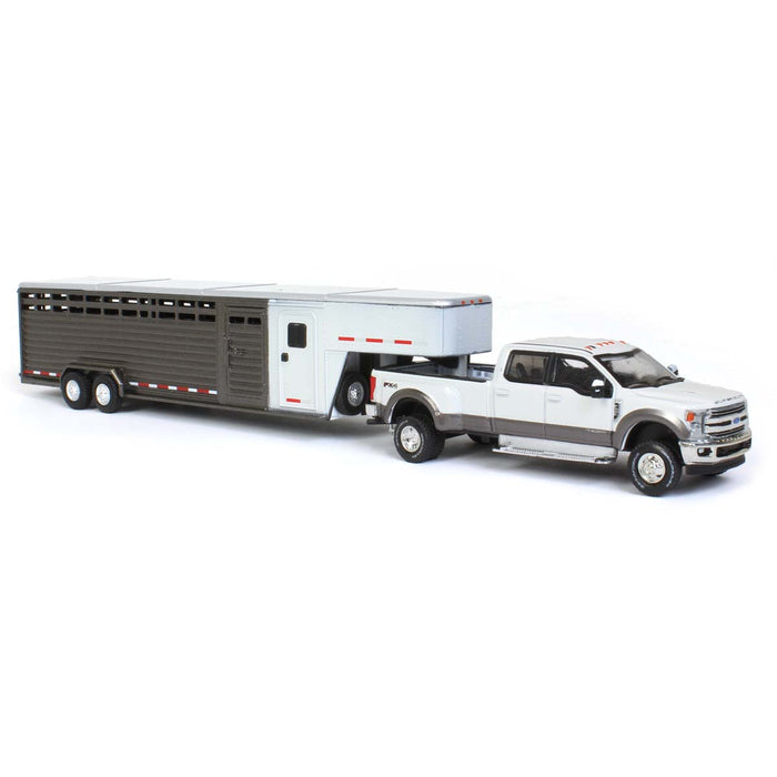 1/64 2019 Ford F-350, White Platinum with Gray Gooseneck Livestock Trailer