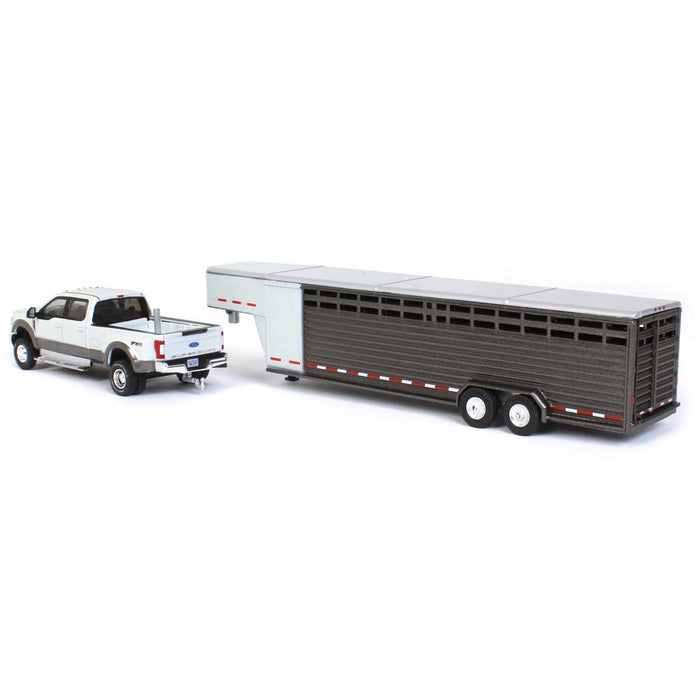 1/64 2019 Ford F-350, White Platinum with Gray Gooseneck Livestock Trailer