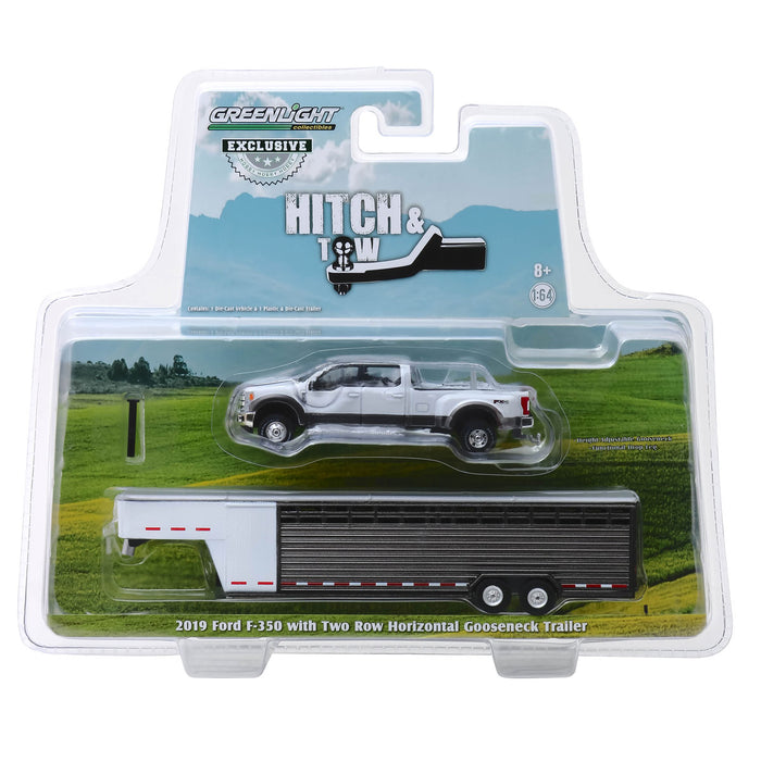 1/64 2019 Ford F-350, White Platinum with Gray Gooseneck Livestock Trailer