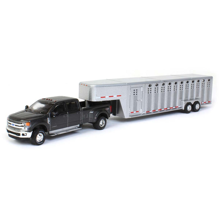 1/64 2019 Ford F-350, Magnetic Silver with Silver 3 Hole Gooseneck Livestock Trailer