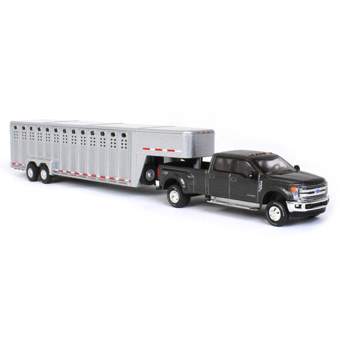 1/64 2019 Ford F-350, Magnetic Silver with Silver 3 Hole Gooseneck Livestock Trailer