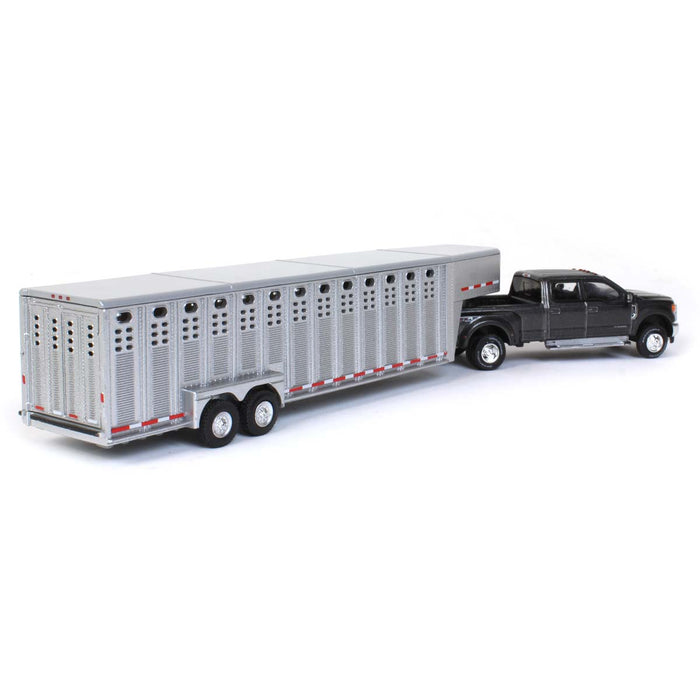 1/64 2019 Ford F-350, Magnetic Silver with Silver 3 Hole Gooseneck Livestock Trailer