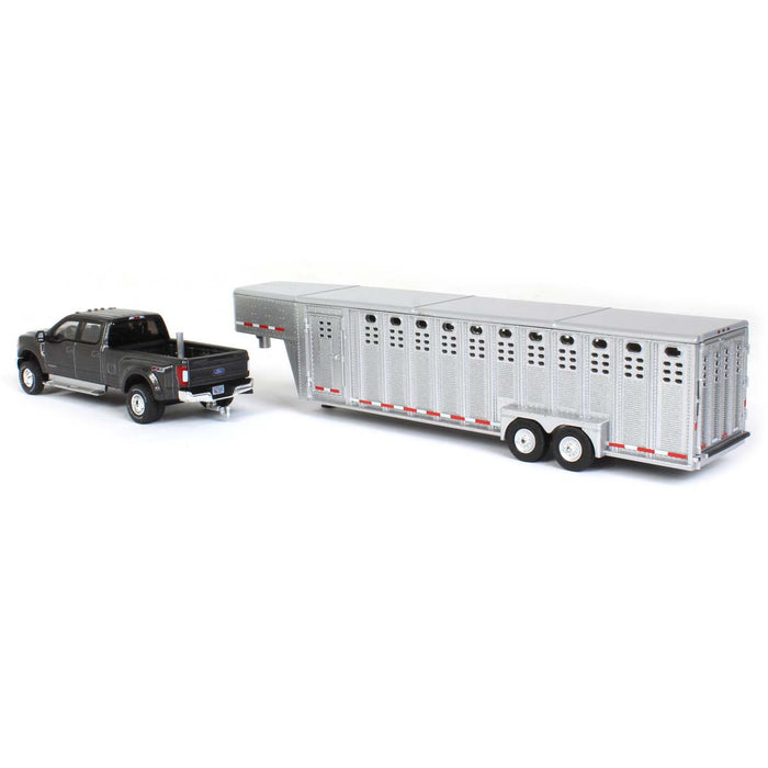 1/64 2019 Ford F-350, Magnetic Silver with Silver 3 Hole Gooseneck Livestock Trailer