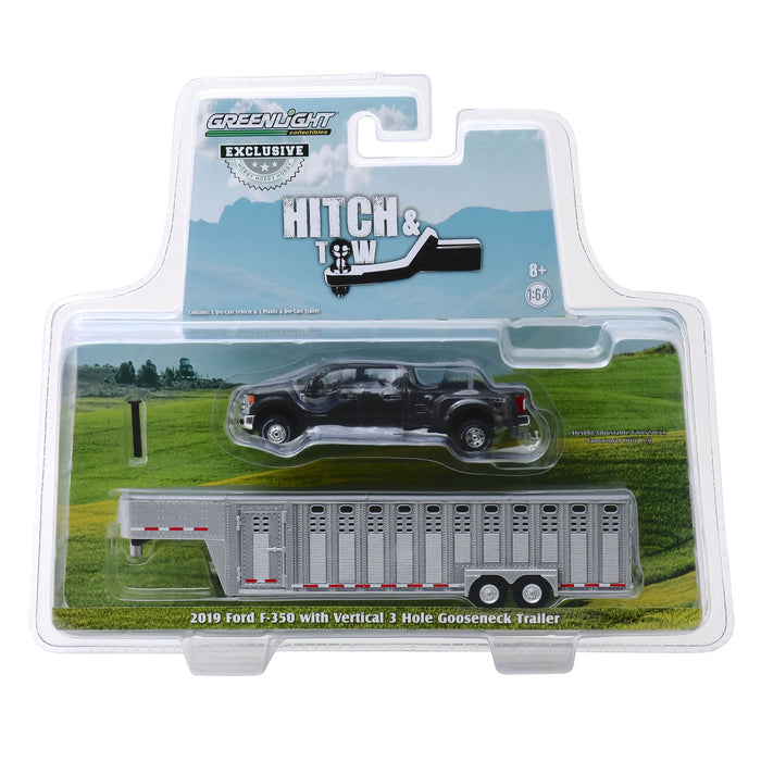 1/64 2019 Ford F-350, Magnetic Silver with Silver 3 Hole Gooseneck Livestock Trailer