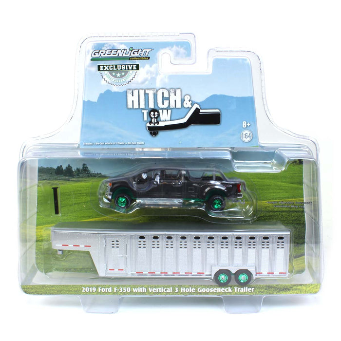 Chase Unit ~ 1/64 2019 Ford F-350, Magnetic Silver with Silver 3 Hole Gooseneck Livestock Trailer