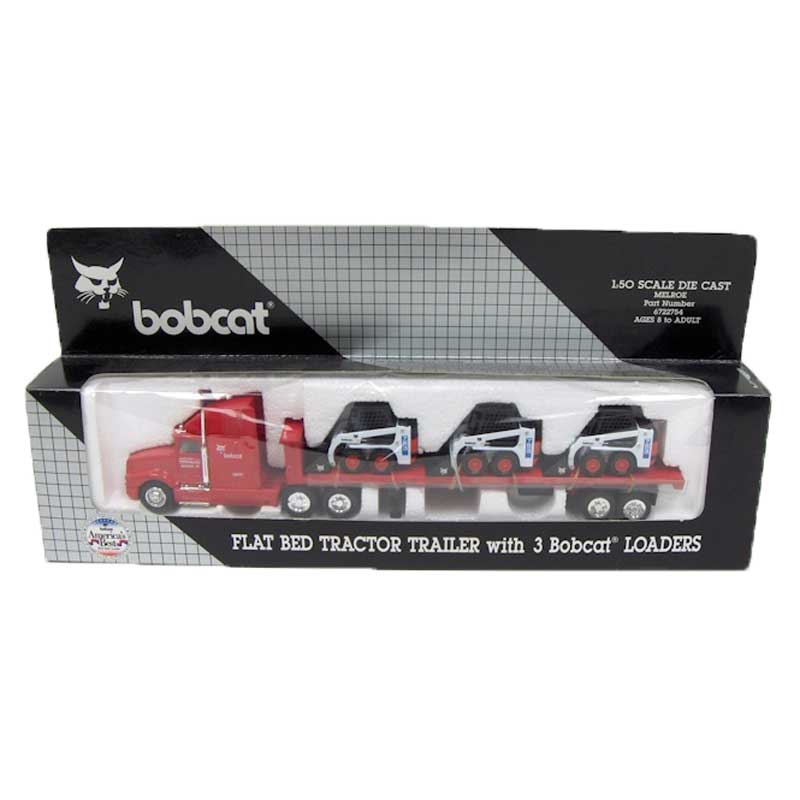1/50 Red Semi Truck with Flatbed & 3 Bobcat 753 Skid Loaders