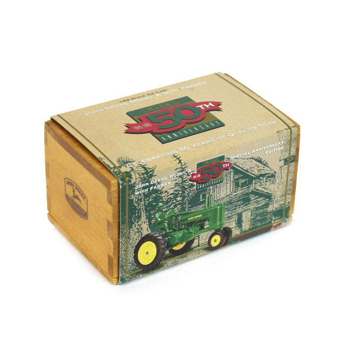 (B&D) 1/64 John Deere A with Farmer, ERTL 50 Anniversary Wooden Box - Seal Broken, Displayed