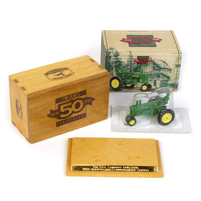 (B&D) 1/64 John Deere A with Farmer, ERTL 50 Anniversary Wooden Box - Seal Broken, Displayed