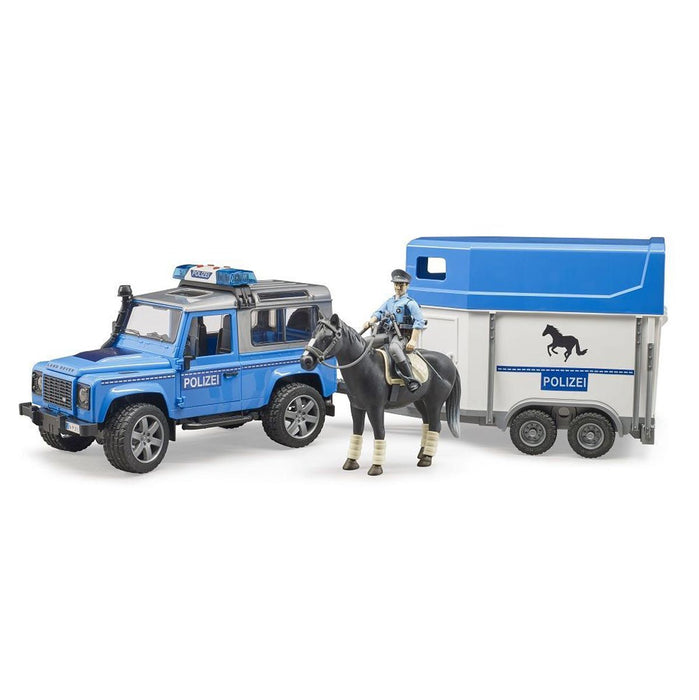 1/16 Police Land Rover with Horse Trailer, Horse and Police Officer by Bruder