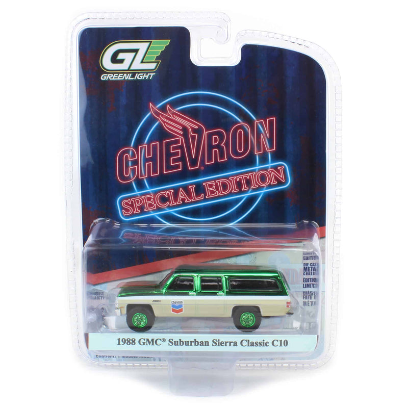 Green Chrome Machine Chase ~ 1/64 1988 GMC Suburban Sierra Classic C10, Chevron Special Edition Series 1