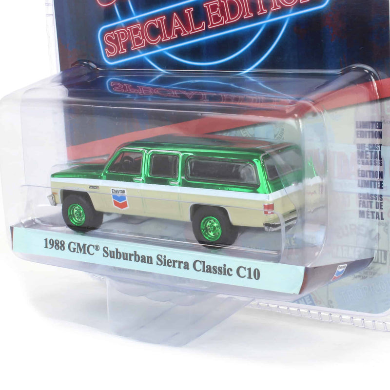 Green Chrome Machine Chase ~ 1/64 1988 GMC Suburban Sierra Classic C10, Chevron Special Edition Series 1
