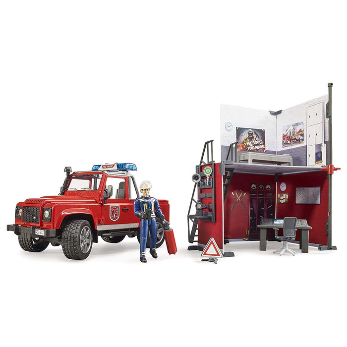 (B&D) 1/16 Bruder Fire Station with Land Rover Defender Truck, Fireman and Accessories - Damaged Item