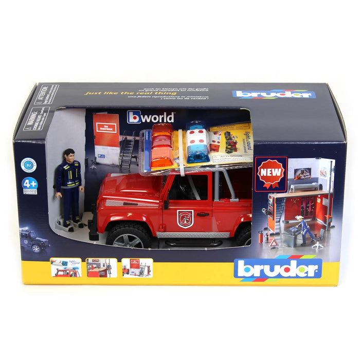 (B&D) 1/16 Bruder Fire Station with Land Rover Defender Truck, Fireman and Accessories - Damaged Item