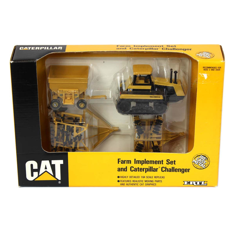 1/64 Caterpillar 4 Piece Farm Set by ERTL with 65 Challenger, Wagon, Folding Disc & Cultivator