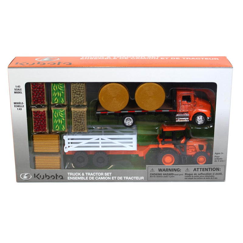 1/43 Kubota Farm Toy Play Set with Tractor, Truck, Trailer, & Bales